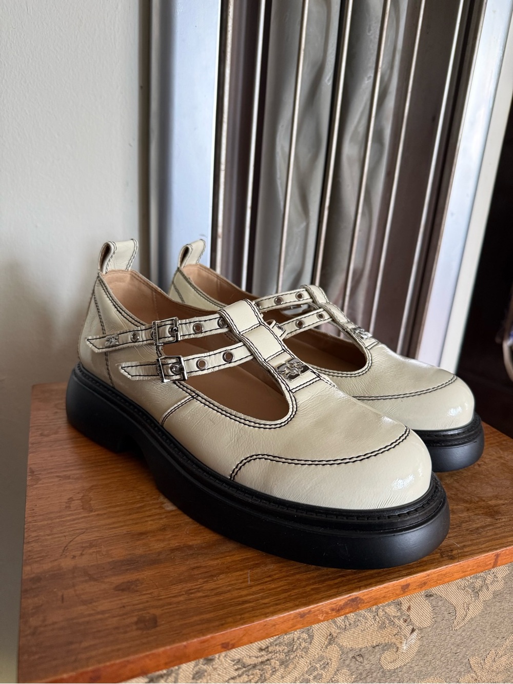 Ganni Cream Leather Double-Strap Mary Jane Mules with Black Platform